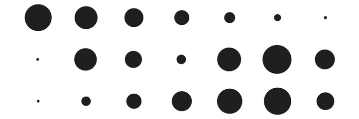 Set of halftone dots gradient pattern texture isolated on white background. Straight dotted spots using halftone circle dot raster texture. Vector blot half tone collection.