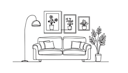 Continuous one single minimal line drawing interior room