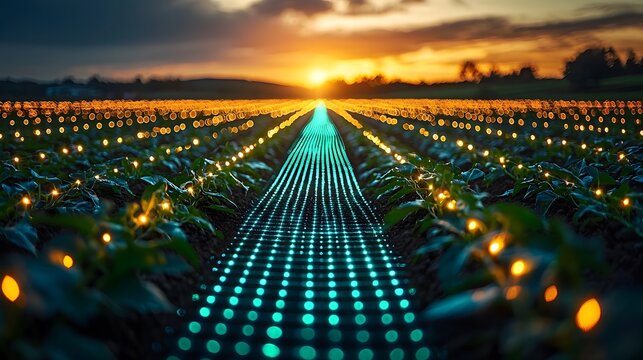 Vibrant Futuristic Farm With Glowing Crops Under Biotechnological Holographic Monitors
