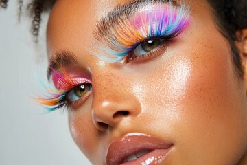 Close-up of young african female with colorful rainbow eyelashes and glossy skin