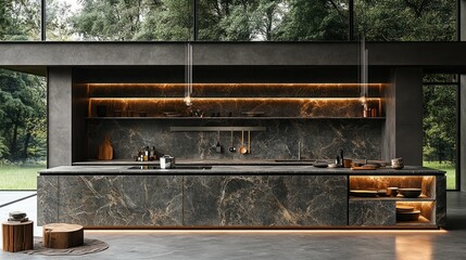 Modern kitchen with marble countertops in a contemporary home overlooking a garden
