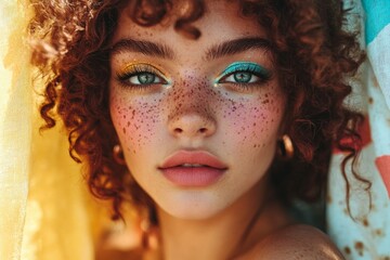 Young female with curly hair and vibrant makeup freckles close-up