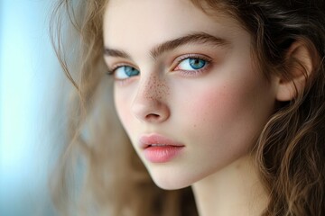 Naklejka premium Caucasian young female with freckles and blue eyes