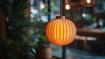 Illuminated lampshade, cafe interior, plants, bokeh