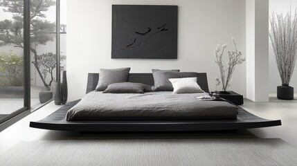 Minimalist bedroom featuring a dark wood platform bed and artwork