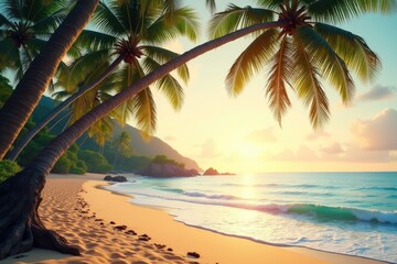 Fototapeta premium Island Retreat: Waves, Palms, and Golden Skies