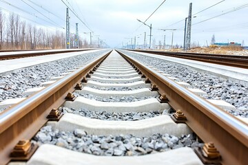 Parallel railway tracks extending into the distance, captured from a low perspective. The steel rails, concrete sleepers, and gravel ballast create a sense of depth, emphasizing transportation infrast