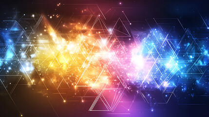 Fototapeta premium Abstract digital art featuring an array of geometric shapes, primarily triangles, set against a gradient background of vibrant colors transitioning from deep blue to bright yellow and pink.