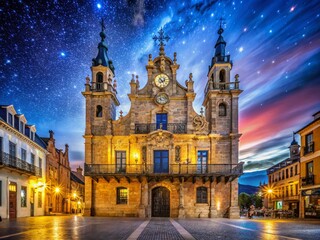 Fototapeta premium Astorga Town Hall Clock Tower Night Photography - Chiming Bells at Dusk