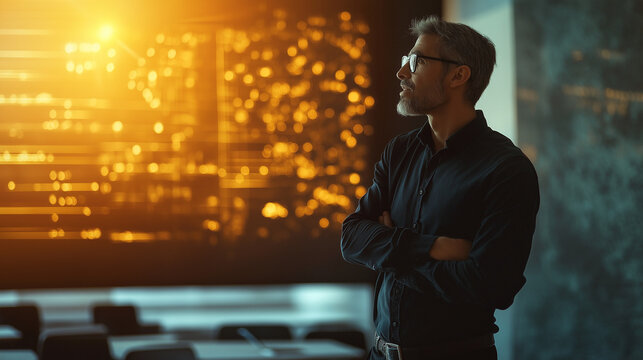 IT professional wearing a hoodie over a collared shirt, standing in front of a multi-screen setup with futuristic cybersecurity graphics, focused and determined look