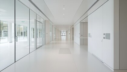 Modern hospital corridor with blurred perspective, clean and minimalistic design, natural daylight streaming through glass panels, futuristic healthcare space