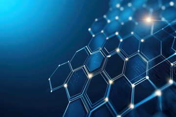 Neon blue futuristic circuit board with hexagonal structures, digital flow connections, and deep technology-inspired cyber background