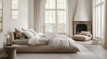 Obraz premium Elegant neutral bedroom features large window fireplace and cozy details