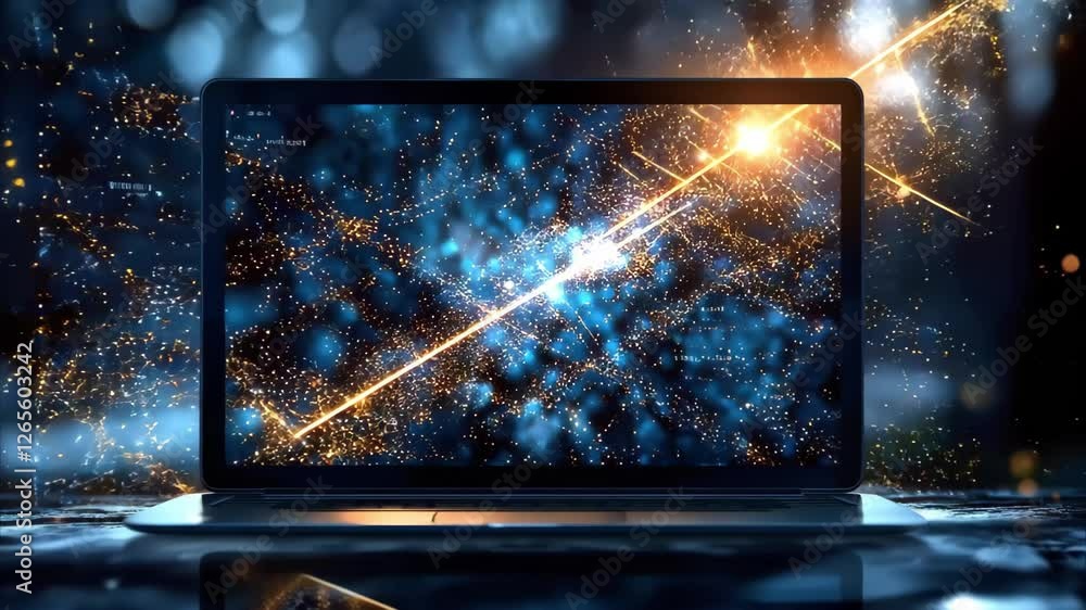 Poster a laptop displaying a vibrant, abstract digital background with sparkling lights and particles.