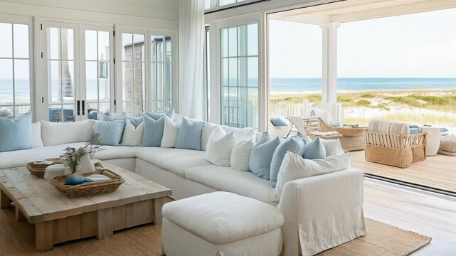 Natural light floods a sophisticated beach house living room, highlighting white sofas adorned with blue cushions, a rustic wooden coffee table, and a serene ocean view through open glass doors