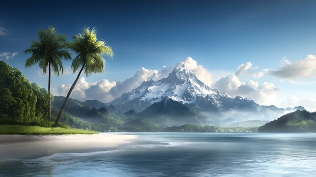 A grandiose, hyper-realistic coastal mountain scene where the majestic snow-capped Alps flow into a lush meadow, eventually merging with the roaring North Sea as its waves sweep over a luminous 