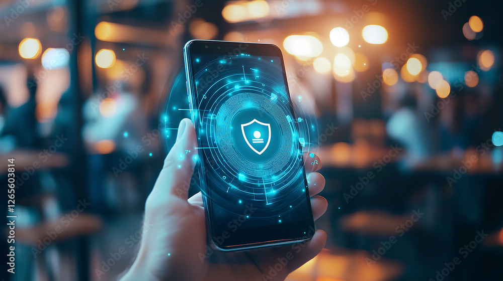 Aufkleber hand holding smartphone with futuristic glowing security shield hologram representing vpn encryption