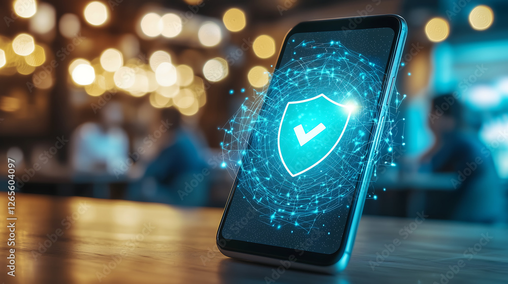 Poster futuristic smartphone with glowing security shield hologram representing vpn encryption cybersecurit