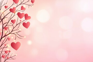 Fototapeta premium Whimsical heart branches with tiny glowing hearts, soft pink misty background, dreamy and magical Valentine s theme, high-resolution digital artwork
