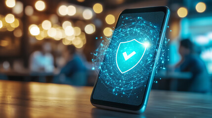 Futuristic smartphone with glowing security shield hologram representing vpn encryption cybersecurity data protection and online privacy in a modern digital environment