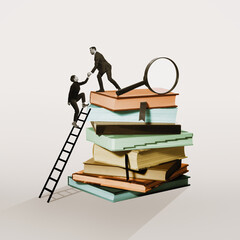 A man is helping a woman climb to the top of a stack of books. Art collsge.