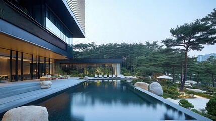 Fototapeta premium Serene outdoor pool at a modern building amidst lush greenery