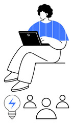 Individual using laptop, light bulb indicating innovation, three user icons for collaboration, connection, productivity. Ideal for creativity, remote work, brainstorming, teamwork communication