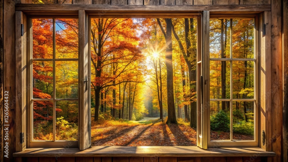 Poster autumn forest view from open window - crisp fall scenery stock photo