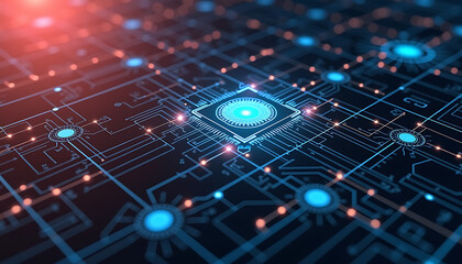 Abstract close-up of a computer circuit board with glowing microchip in blue and orange tones