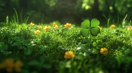 A lucky four-leaf clover surrounded by regular three-leaf clovers in a lush patch of grass.