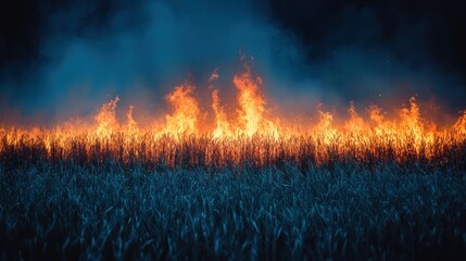 Night field fire, smoke, flames, burning, agriculture, disaster, environmental, danger, destruction, wallpaper