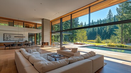 Modern living room with expansive forest views, pool and patio