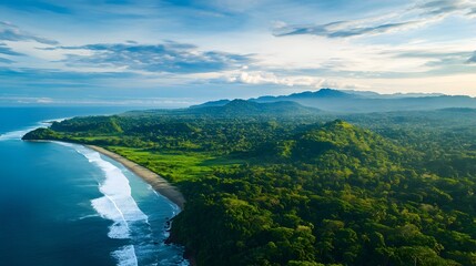 Sustainable Ecotourism Destination with Lush Tropical Landscapes and Pristine Coastline drone shot