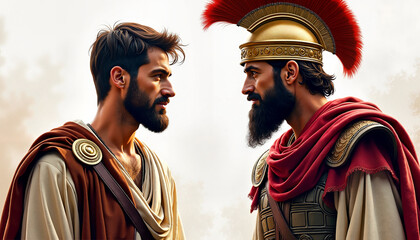 Fototapeta premium Photorealistic digital illustration of a biblical meeting between Jesus and a wealthy Roman centurion