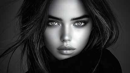 Fototapeta premium High-definition black-and-white portrait of a woman with expressive eyes and natural messy hair, smooth textures and refined shadows adding cinematic depth, modern and timeless aesthetic, Ultra-Realis