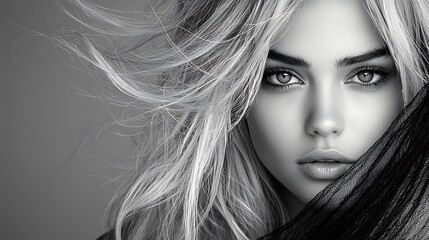 Fototapeta premium High-fashion inspired black-and-white portrait of a woman with tousled waves, her eyes full of wonder, soft diffused light highlighting the fine details of her face, modern and sophisticated, 