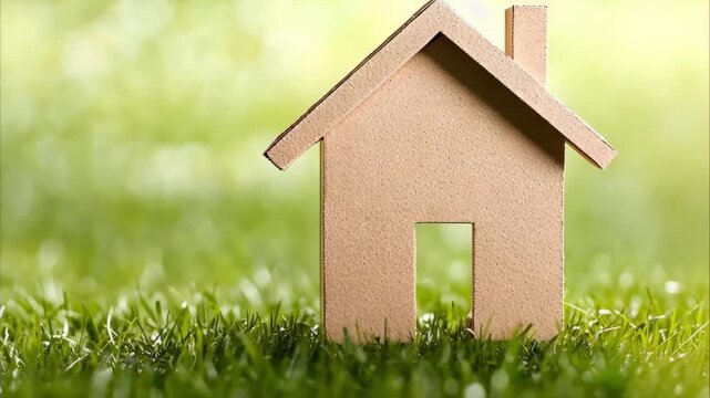 A small cardboard cutout of a house sits on green grass, symbolizing home or real estate themes.