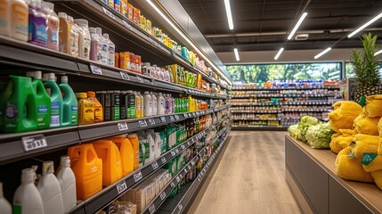 Modern grocery store aisle, cleaning products, produce display, sunlight