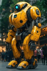Yellow robot standing city street crowd background futuristic tech illustration