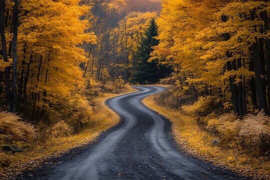Winding dirt road through vibrant autumn forest with colorful foliage and serene atmosphere