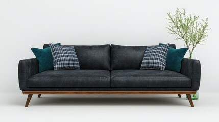 Fototapeta premium Modern gray sofa with decorative pillows and a plant for stylish living room decor.