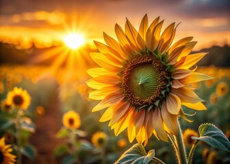 Obraz premium Backlit Sunflower, Miniature Tilt-Shift, Golden Hour, Summer Bloom, Nature Photography
