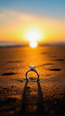 Diamond engagement ring in the beach sand during sundown