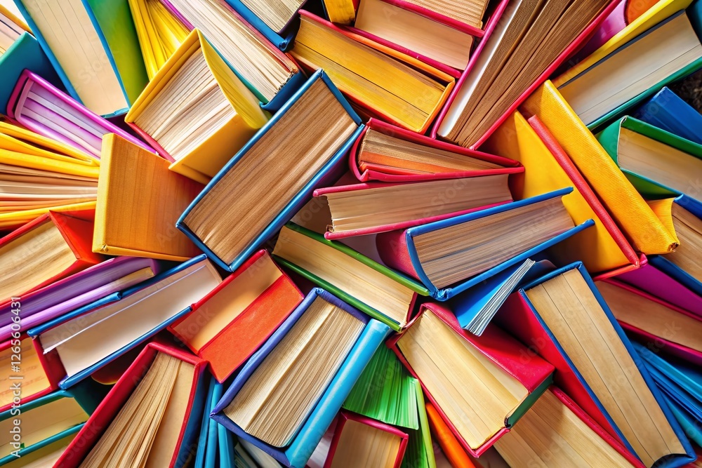 Poster back to school: colorful stack of books overhead view - copy space for text