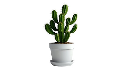 A vibrant green cactus in a stylish white pot, isolated on a white background, perfect for home decor or design projects.