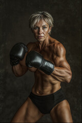 Intensely focused woman with boxing gloves