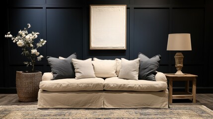 Interior design with sofa artwork flowers and decorative table lamp