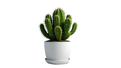 A vibrant green cactus plant thrives in a sleek, modern white pot, isolated against a clean white background.  Perfect for home decor, interior design, and plant-related projects.