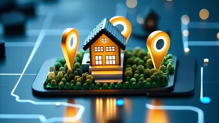 A stylized house with location pins, set on a smartphone interface, representing real estate or property navigation.