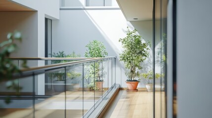 Fototapeta premium Indoor plants brighten a modern hallway with glass railings